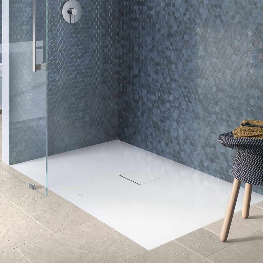 Lifestyle image of Villeroy & Boch Squaro Infinity 1400 x 900mm Stone White Stone Resin Shower Tray
